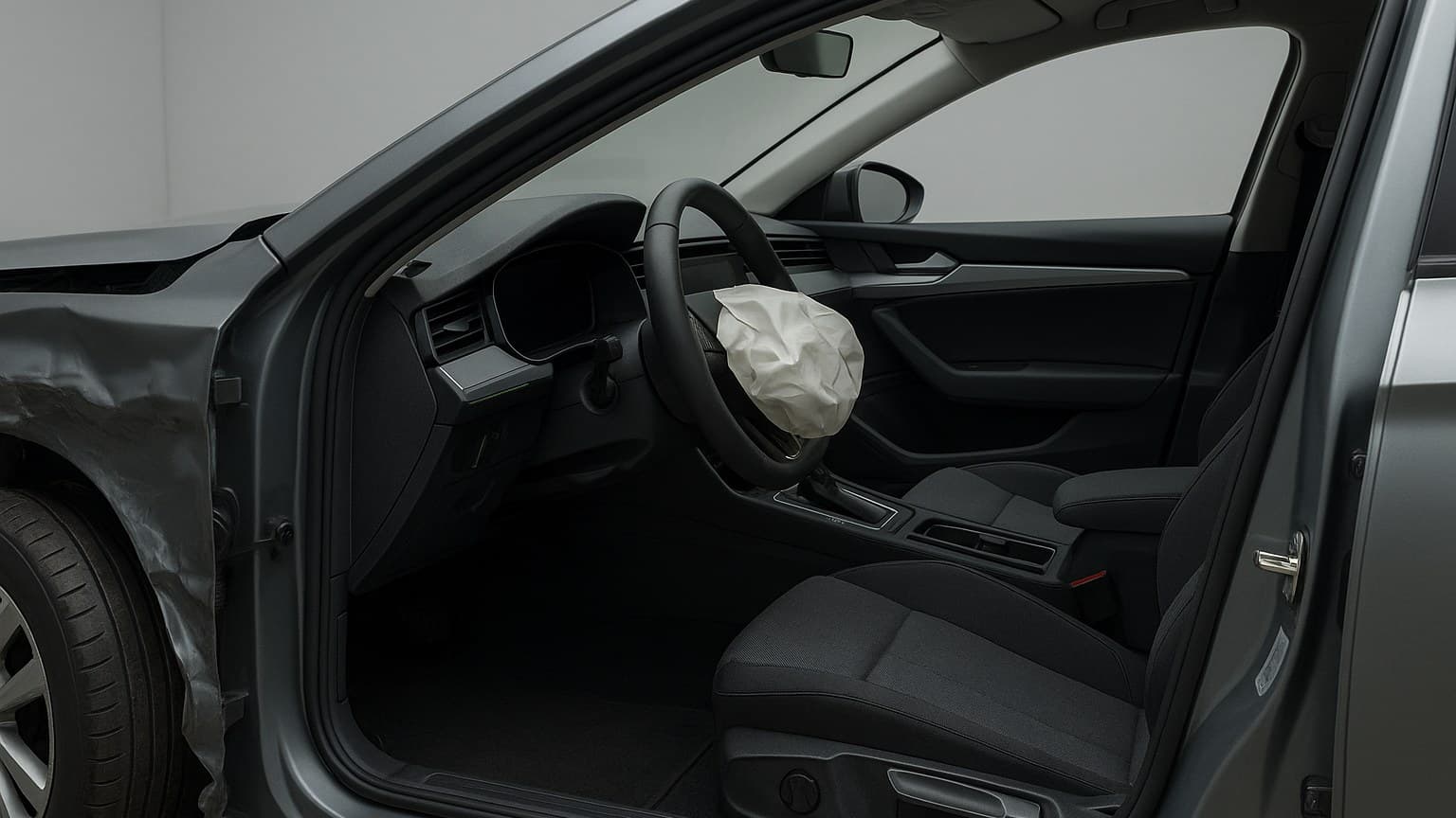 AI-generated editorial illustration of a generic vehicle interior with a deployed steering-wheel airbag in a clean inspection studio, without people or branding.