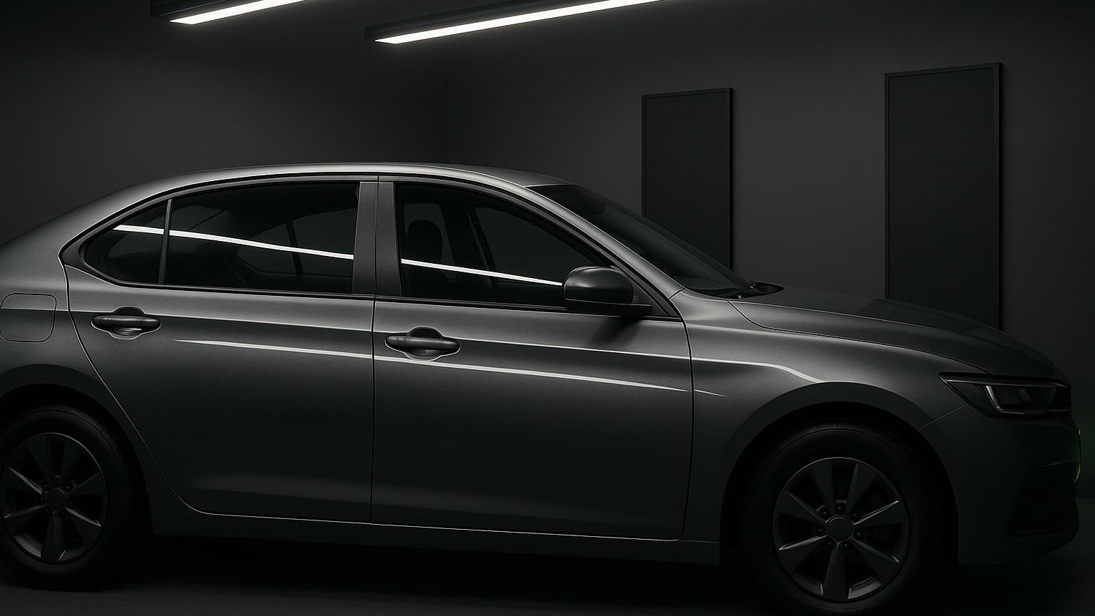 AI-generated editorial illustration of a generic unbranded car under final inspection lighting in a conceptual collision-repair studio, without people, text, or branding.