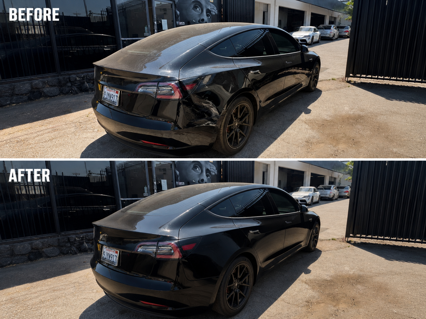 Before and after Tesla Model 3 collision repair at MLUX Auto Body in Los Angeles