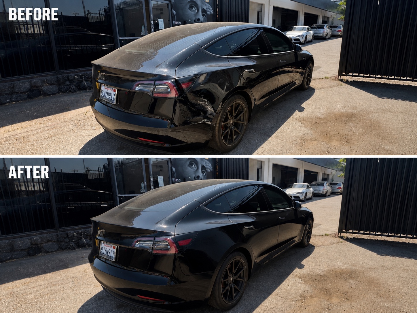 Before and after Tesla Model 3 collision repair at MLUX Auto Body in Los Angeles